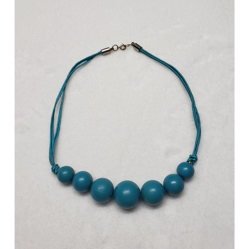 Vintage KIM Aqua Blue Wood Bead Necklace Boho Mid Century Coastal Grandma